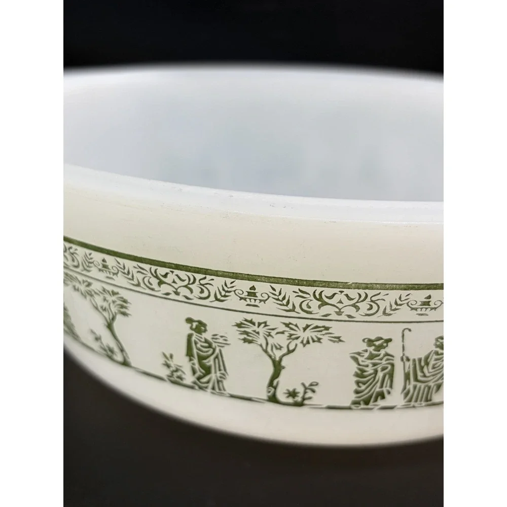 Vintage Glasbake Milk Glass With Roman Greek Green Design 2 QT Casserole‎ Dish